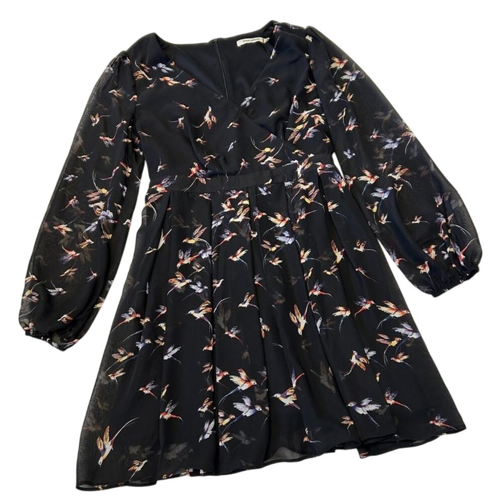 Style London Bird Print Pleated Dress Women Sz M Black Sheer Sleeves Whimsical